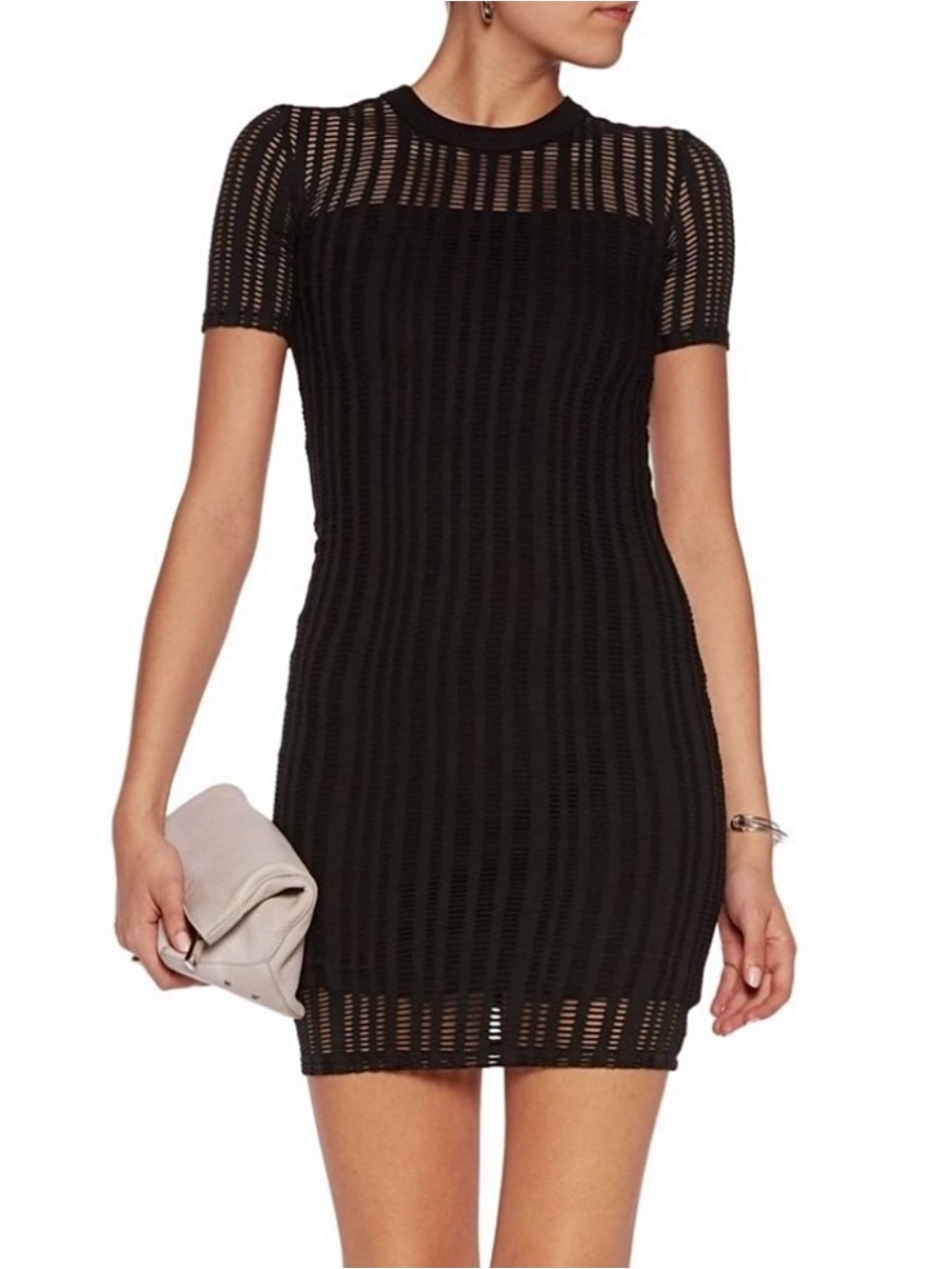 T by Alexander Wang Black Perforated Short-Sleeve Sheer Bodycon Knit Mini Dress